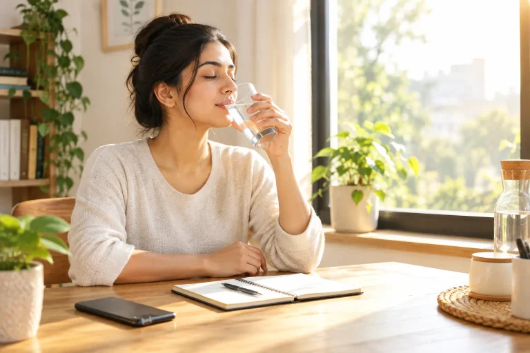 Person drinking water by a sunlit window in the morning
