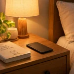 Phone face-down on a nightstand beside a book and warm reading lamp