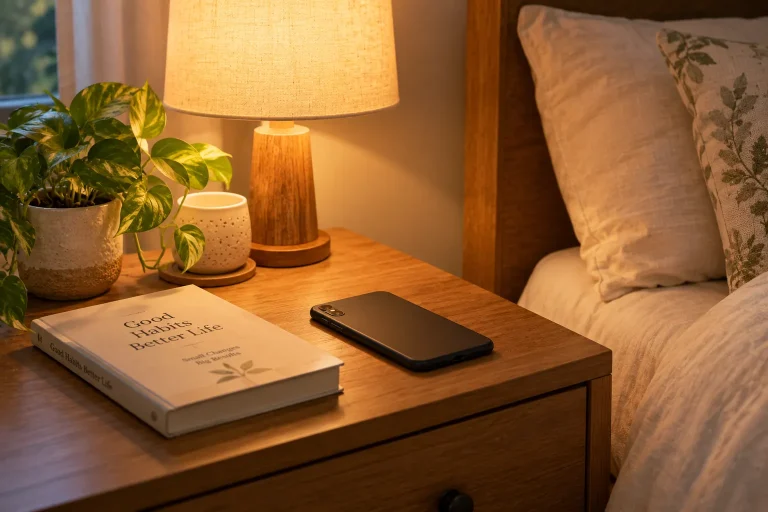 Phone face-down on a nightstand beside a book and warm reading lamp