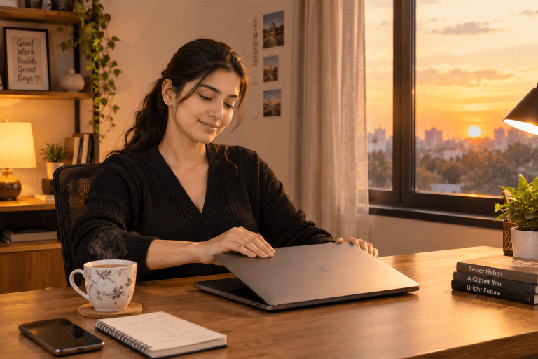 Person closing a laptop at the end of the workday with a cup of tea nearby