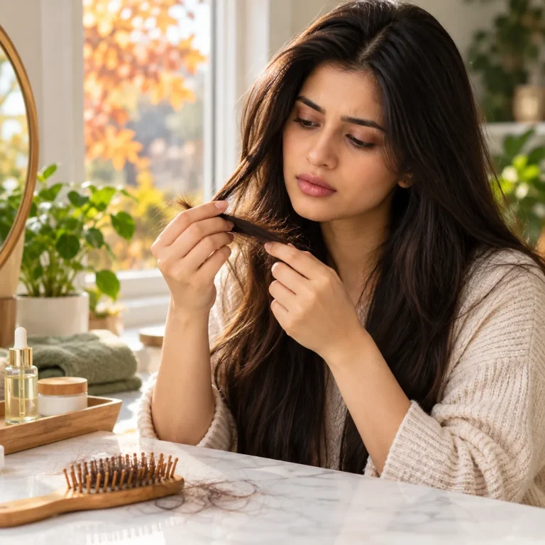 Woman examining naturally shed hair strands during seasonal hair shedding