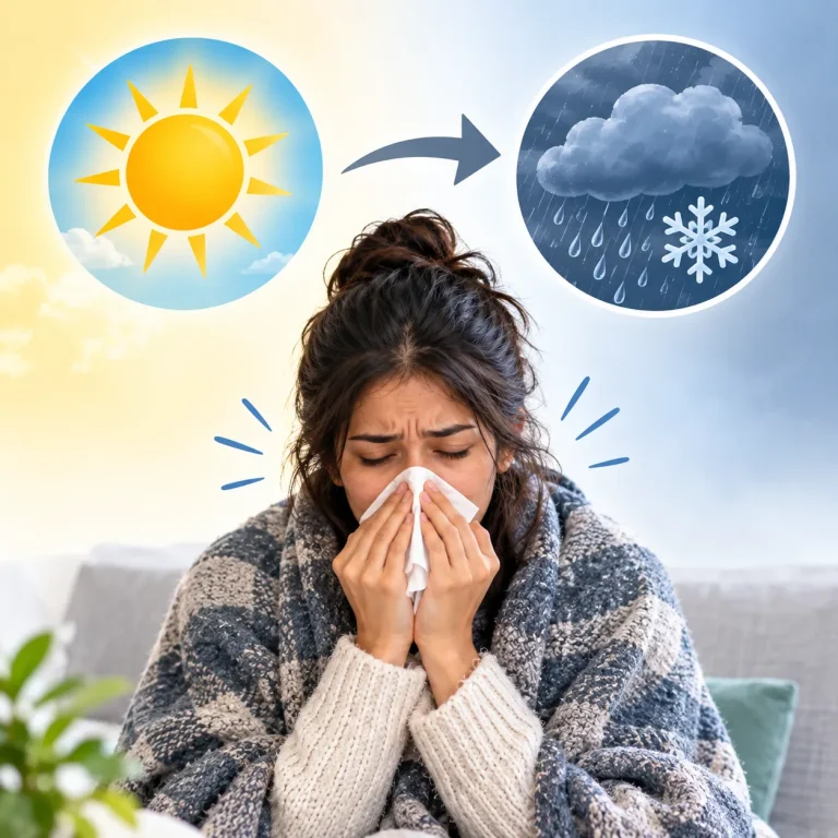 Woman with a cold as weather changes from warm sunny conditions to cold rainy weather